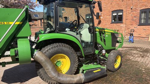 John Deere 3046R with 60cut, 1200L high lift collector loader with bucket and firks for sale